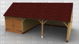 This 3 bay garage has gable ends and a rear catslide that keeps the ridge below 4m whilst maximising the internal floor area. It has 2 open fronted bays and one bay secured with a partition and a pair of garage doors. There is also a mullion window in the left hand wall.