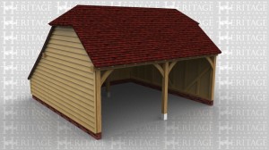 This is a two bay open fronted garage with barn hip ends and a rear catslide to keep the ridge below 4m whilst maximising the internal floor area.