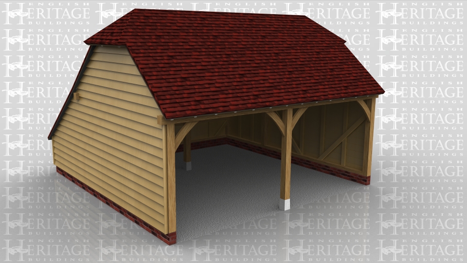 This is a two bay open fronted garage with barn hip ends and a rear catslide to keep the ridge below 4m whilst maximising the internal floor area.