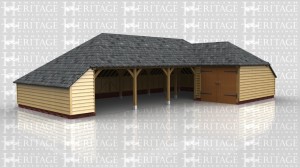 This 'L' shaped complex comprises of 3 open fronted garage bays, one bay with garage doors on the front and a workshop / store in the corner section. It has hipped roof ends with a catslide one end and a slate roof covering.