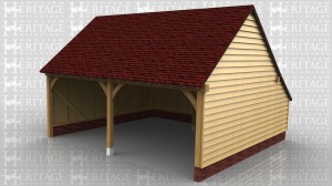 This is a two bay open fronted garage with gable ends and a catslide roof at the rear.