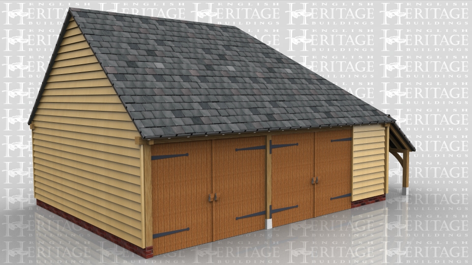 This building has 2 full size garage bays with garage doors to the front and the third bay is slightly smaller and has a partition at the front. There is a catslide roof on the right hand side which is divided in half so that the front half is accessed from outside for logs and the back portion is accessed from the inside to give more secured storage space.