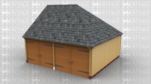 This 2 bay garage has a gable on the left and a full hip on the right and the roof has a slate covering. The garage is secured at the front with two pairs of garage doors.