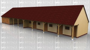 This 9 bay building has 2 seperate garages, both with garage doors to the front, 3 open bays used as a hay barn, then 3 stables and finally a feed store / tack room on the end. Each stable has a stable door and mullion window and the tack room has a mullion window and a solid single door. The fronts of the stables are set back so there is a walk way along the front.