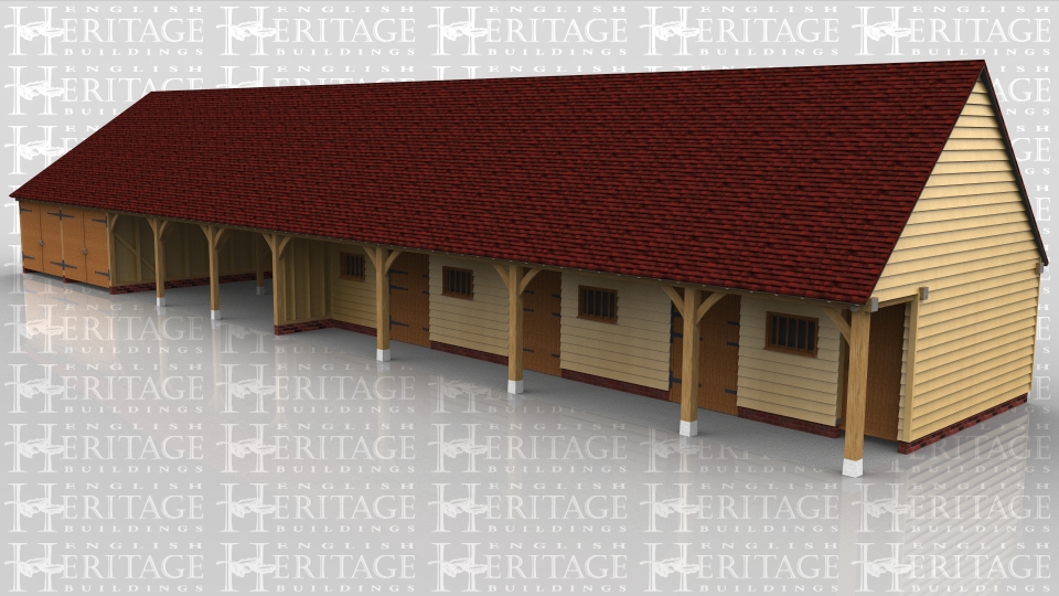 This 9 bay building has 2 seperate garages, both with garage doors to the front, 3 open bays used as a hay barn, then 3 stables and finally a feed store / tack room on the end. Each stable has a stable door and mullion window and the tack room has a mullion window and a solid single door. The fronts of the stables are set back so there is a walk way along the front.
