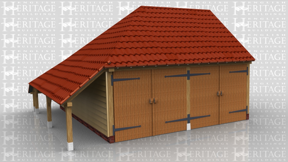 This building is a two bay garage enclosed with 2 pairs of garage doors at the front. It also has a log store on the left hand end.