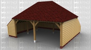 This is a 2 bay open fronted garage with an store on the left hand side. The roof is double hipped and there is a rear catslide to keep the ridge height below 4m and still maximise the internal floor area.