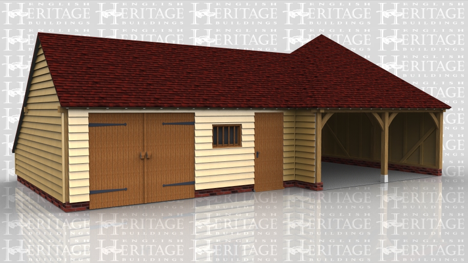 This building comprises of a square 2 bay open fronted garage with double hipped roof and another two bay connected to it which has one car space and a workshop / store area that is enclosed with a partition and pair of garage doors.