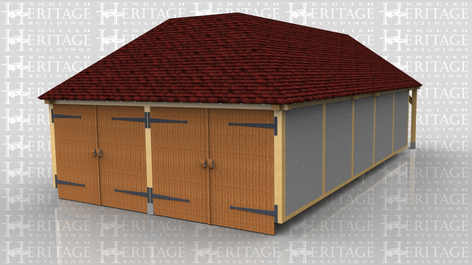 This building has a 2 bay garage secured with two pairs of garage doors and a seperate storage area at the rear. The store has a pair of solid doors and two mullion windows whilst the garage has a solid single door in the side. One complete side is infilled with blockwork which has then been rendered.