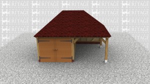 This 2 bay building has one enclosed garage bay with garage doors on the front and one bay open at the front and right hand side. The roof has a double hip and rear catslide.