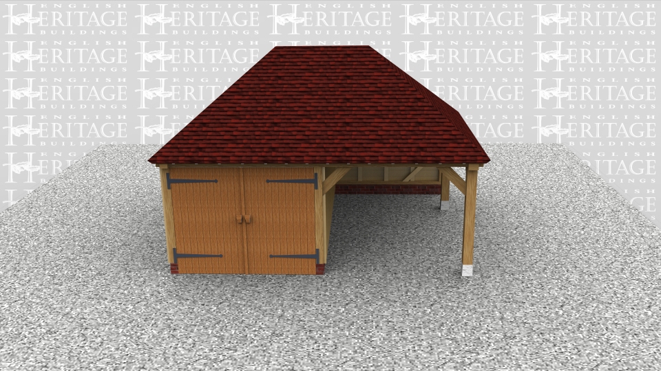 This 2 bay building has one enclosed garage bay with garage doors on the front and one bay open at the front and right hand side. The roof has a double hip and rear catslide.