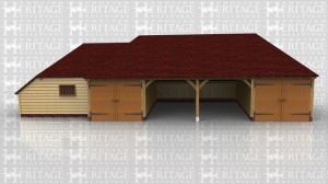 This oak framed complex is formed of two frames. The main building is a four bay garage and has one bay on the right enclosed with a partition and garage doors. The centre 2 bays are open fronted garage bays and the left hand bay has a partition and garage doors. The second building is used as a workshop and storage area. This workshop is accessed through the left hand garage and has one mullion window in the front partition wall.