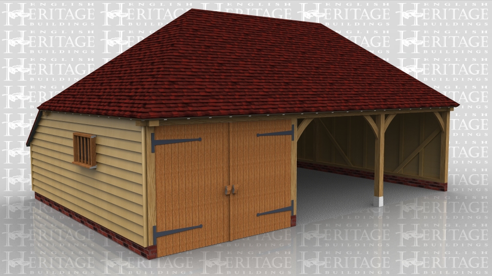 This is a 3 bay garage with double hipped roof and rear catslide. The left hand bay is a secure garage bay with a partition and pair of garage doors. The other two bays are open fronted car spaces.