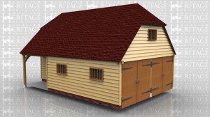 This oak framed home leisure building has three bays, with two bays as secured parking accessed through the end with two pairs of garage doors.The third bay is a workshop / store with a covered porch area. There is a solid single door into the garage and a half glazed single door into the workshop. The garage has two mullion windows and the store has a three light casement window. There is a floor over the workshop which is accessed from within the garage.