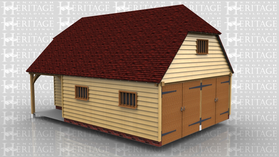 This oak framed home leisure building has three bays, with two bays as secured parking accessed through the end with two pairs of garage doors.The third bay is a workshop / store with a covered porch area. There is a solid single door into the garage and a half glazed single door into the workshop. The garage has two mullion windows and the store has a three light casement window. There is a floor over the workshop which is accessed from within the garage.