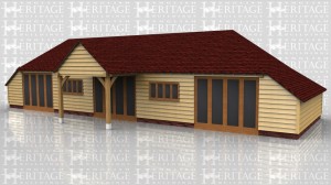 This building is a large summerhouse/garden room/playroom. It has five bays with an enclosed store to both ends and the rear. It also has a double barn entrance on the front to act as a covered porch area. There are three sets of fully glazed opening doors and two four light casement windows in the front elevation. The rafters are in oak, including four feature trusses, and the roof is insulated to a warm roof specification.