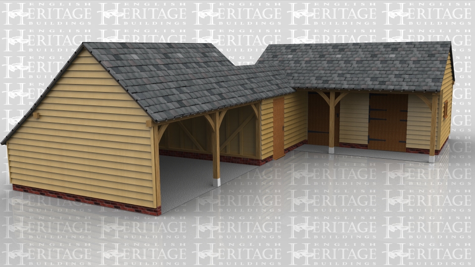 This oak framed complex of buildings comprises of an open fronted two bay garage coonected to a small store, which is accessed via a solid single door and has a two pane casement window in the rear. This in turn is attached to a two bay building which has a roof overhang at the front. One bay is a stable with a stable door and mullion window, the other bay is a feed and hay store which has a wide solid single door at the front and a pair of silid single doors in the end. This room also has a two pane casement window.