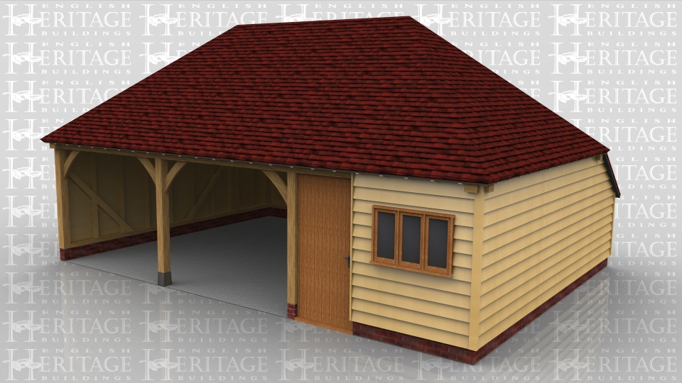 This oak framed three bay building has two open garage bays and the third bay  enclosed with partitions. There are two doors into this storage/workshop area, a wide solid single door in from the garage area and a normal solid single door in the front elevation with a three pane casement window next to it.