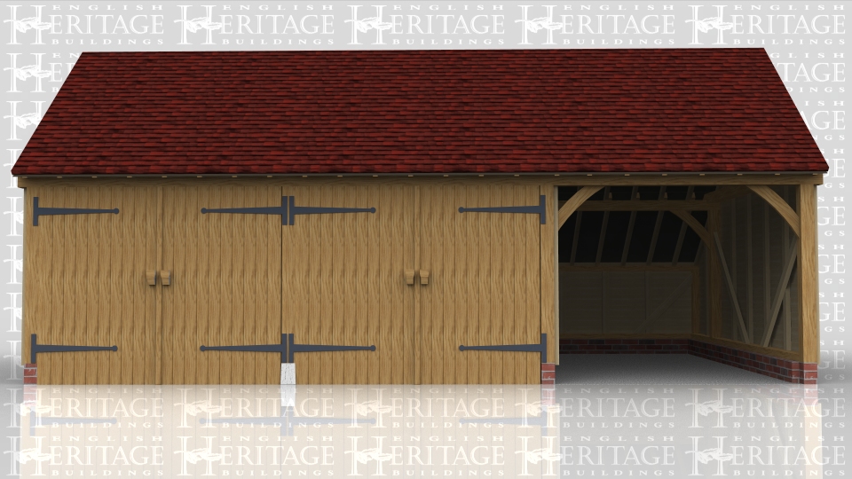 This is a three bay garage with gable ends and a rear catslide roof. Two bays are secured with 2 pairs of garage doors and a prtition which leaves the other bay open at the front.