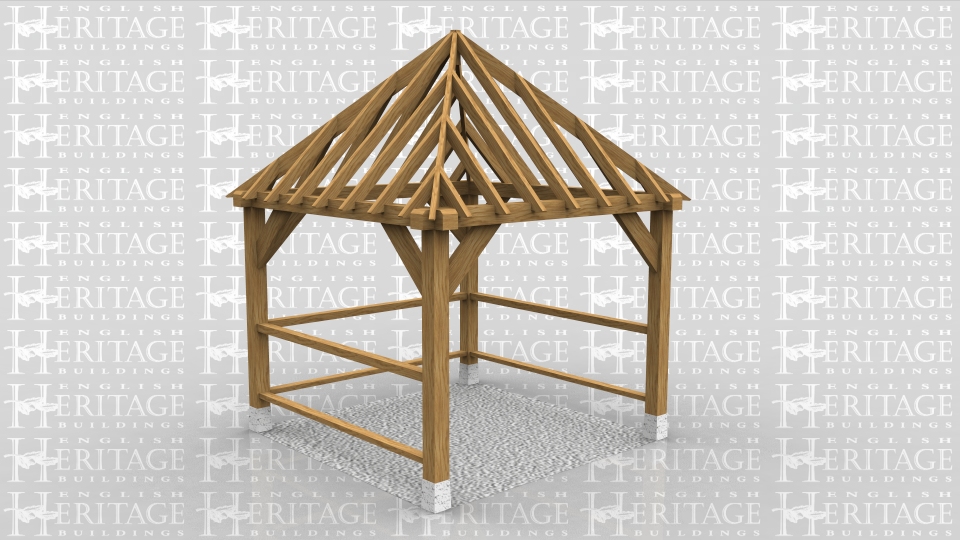 This is a square gazebo with solid balustrading on 3 sides.