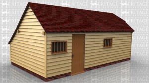 This oak framed home leisure building is formed of three enclosed bays, with an enclosed store to the rear. There is a single door to the front and a two mullion windows. There is also a garage door to the right hand side.