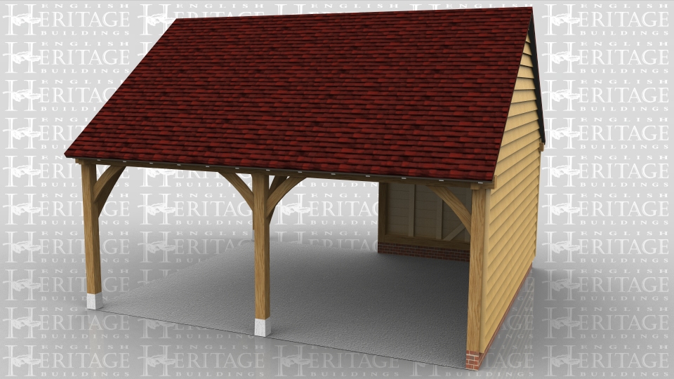 This 2 bay building is a car port with solid sides on the right and half way along the rear. The rest of the building is open sitting on staddle stones.