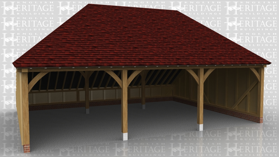 This is a 3 bay open fronted garage with hipped ends and a rear catslide roof.