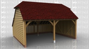 This is a 2 bay open fronted garage with barn hip ends and a rear enclosed catslide to keep the ridge below 4m whilst giving a usuable internal floor area.