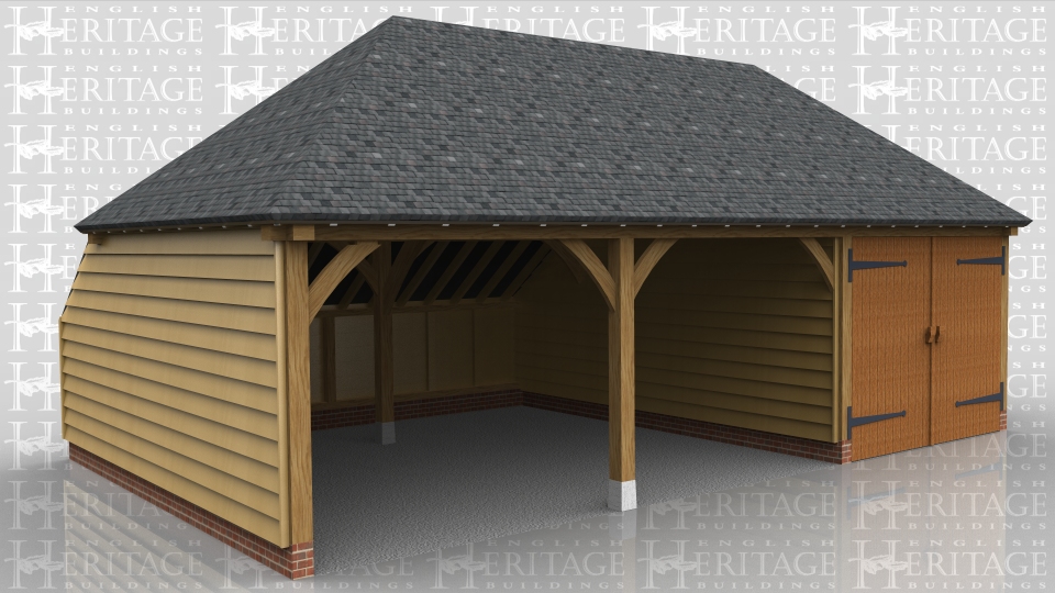 This is a 3 bay open fronted garage with hipped ends and rear catslide. One bay is secured with a partition and a pair of garage doors.