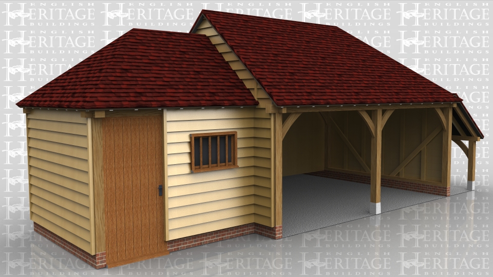This oak framed garage building has a small workshop/store connected to a two bay open fronted garage with a logstore on the right hand side. The store is accessed by a solid single door and there is also a mullion window.