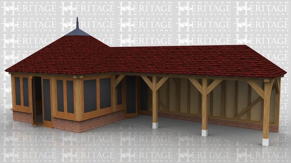 This building comprises of a square garden room fully glazed on all sides and a long open covered area on the right hand side.The garden room has a double hipped roof which is finished off with a leaded finial.