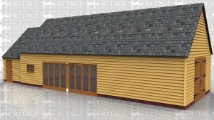 This oak framed home leisure building is formed of two frames; one is a small one bay store accessed by a single door to the front. The other frame is a large five bay building with two fully glazed bays to the front and a mullion window. There is a set of garage doors to the right hand side.