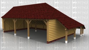 This building is a 3 bay open fronted garage with a log store on the right hand side. On the left side is a single bay which is open on the end and has a mullion window on the front.