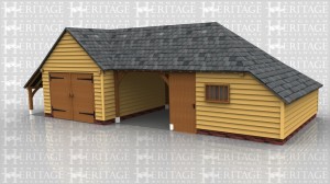 This complex comprises of a single garage with logstore on the side which is secured with a pair of garage doors. Attached to this is a two bay with catslide on side and rear. One bay is open and the other bay has a partition and solid single door and mullion window in the front.