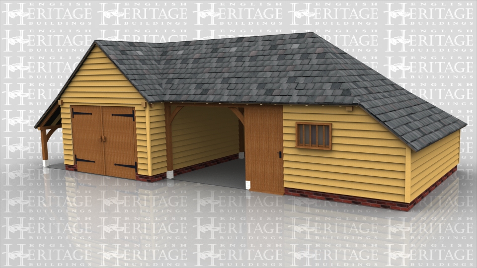 This complex comprises of a single garage with logstore on the side which is secured with a pair of garage doors. Attached to this is a two bay with catslide on side and rear. One bay is open and the other bay has a partition and solid single door and mullion window in the front.
