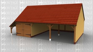 This full span 3 bay garage has gable ends and a log store on the left hand side. One bay is enclosed using a partition and a pair of garage doors, the other 2 bays are open fronted.