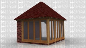 This oak framed home extension has a full height cavity wall along one side and glazing on the other two sides. All glazing is full height and includes two pairs of opening doors. The roof has softwood rafters with oak principles and includes one feature truss. The roof is insulated to cold roof specifications.