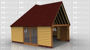 This is an oak framed  'L' shaped extension to a property which has a steep roof pitch to match the existing.The external walls are feather edge weatherboarding with various casement windows and one set of wide fully glazed doors.