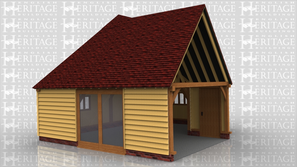 This is an oak framed  'L' shaped extension to a property which has a steep roof pitch to match the existing.The external walls are feather edge weatherboarding with various casement windows and one set of wide fully glazed doors.