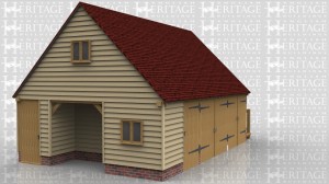 This oak framed three bay garage building has two bays secured with garage doors on the front and the third bay is split into a toilet, small covered storage area and a store/workshop accessed by a solid single door. There is an oak external staircase on the right hand side to access the first floor through a solid single door. The upstairs roof space is one area with a two light casement window in the gable end.