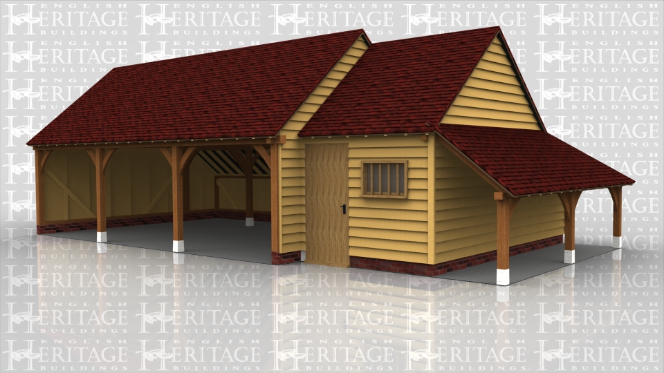 This is a 3 bay open fronted garage with gable ends with a single bay store on the side. The store also has a gable end and a catslide log store on the side. The store is accessed through a solid single door and also has a mullion window.