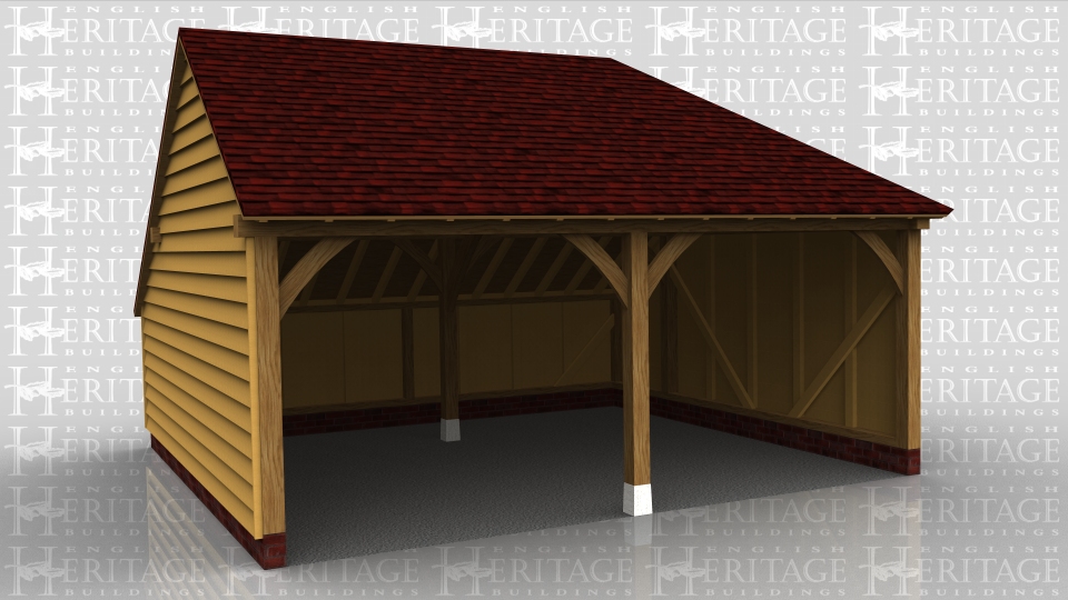 This building is a 2 bay open fronted garage with a gable roof end on the left and a hip end on the right. There is also a rear catside.