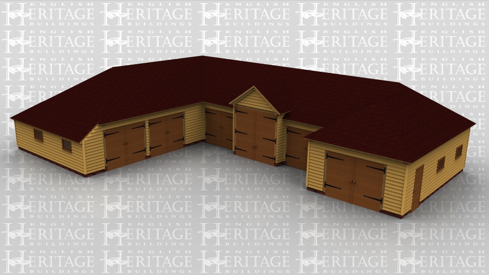 This large oak framed complex has secure car parking spaces and plenty of room for a large workshop and lots of storage. There are six pairs of traditional side hung garage doors, one of which is taller on the barn entrance in the centre. There is a solid single door in the right hand elevation and four mullion windows and 7 Velux rooflights to get natural light into the building.