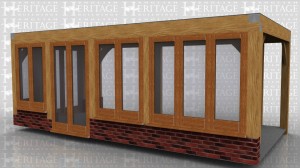 This oak framed flat roofed extension is design to fit into a corner as a garden room extension to a house. The sides are glazed and the glazing sits on dwarf cavity brickwork except where there are the 2 sets of fully glazed doors. The roof on this frame is flat to avoid upstairs windows on the existing property.