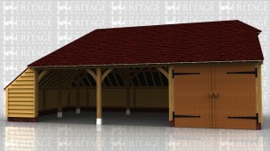 This is a 3 bay oak framed garage with catslide roof on the rear and left hand side. One bay is secured with a partition and a pair of traditional side hung garage doors, and the other 2 bays are open fronted.