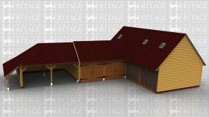 The large building in this oak framed complex is a raised plate design. There is full height glazing to the front of two bays and internally there is a staircase up to the first floor where there are 3 rooflights to allow daylight in. Attached to this frame is a two bay oak garage secured at the front with garage doors. Attached to this frame is an open fronted garage with a catslide roof to the rear and side.