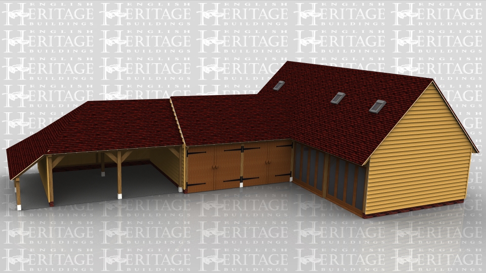The large building in this oak framed complex is a raised plate design. There is full height glazing to the front of two bays and internally there is a staircase up to the first floor where there are 3 rooflights to allow daylight in. Attached to this frame is a two bay oak garage secured at the front with garage doors. Attached to this frame is an open fronted garage with a catslide roof to the rear and side.