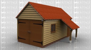 This is a single bay oak framed garage with garage doors on the front and a half glazed door and two 2 pane casement windows. There is also a small log store on the side.