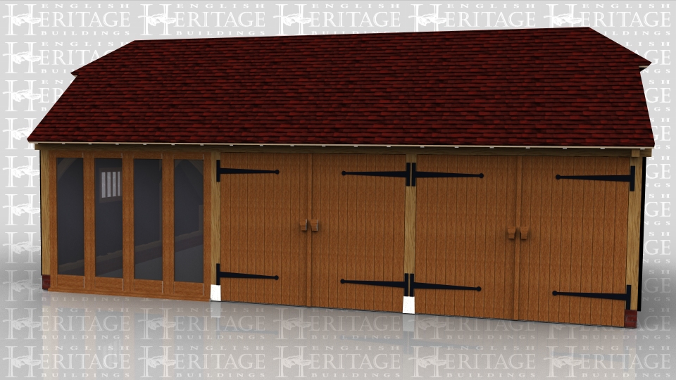 This oak framed building has 2 bays of garaging secured with garage doors and one bay as a home office with full height glazing to the front, mullion window to the side and a rooflight in the rear slope of the roof to allow more natural light in.