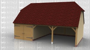 This is an oak framed 3 bay garage with first floor. There are 2 open fronted bays and one secured at the front with garage doors. Access to the first floor is through a hatch in this secure bay and this area is just for storage.